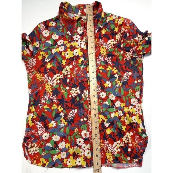 VTG 1970s CENTER STAGE Womens SMALL Red Floral Polyester S/S Button-Up BLOUSE - Picture 4 of 8